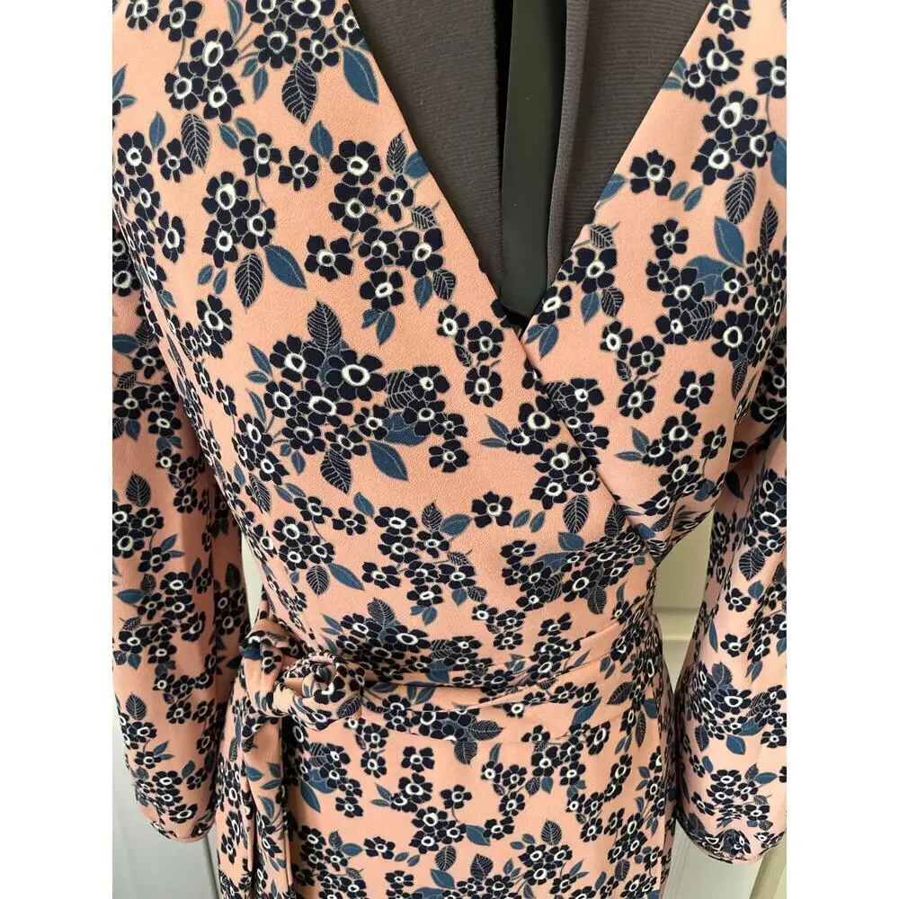 J. Crew Floral Pink Crepe 3/4 Sleeve V-Neck Knee Length Wrap Dress • Size 6 🗣 - Picture 3 of 4